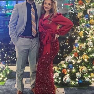 Red satin and bedazzled formal dress